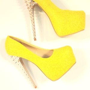 Glittered Yellow Spiked High Heels